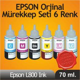 ORİJİNAL (6 ADET Mürekkep SETİ) Epson L800 / L810 / L850 / L1800 için 6 RENKLİ TÜM EPSON YAZICILAR İÇİN 70 ml.